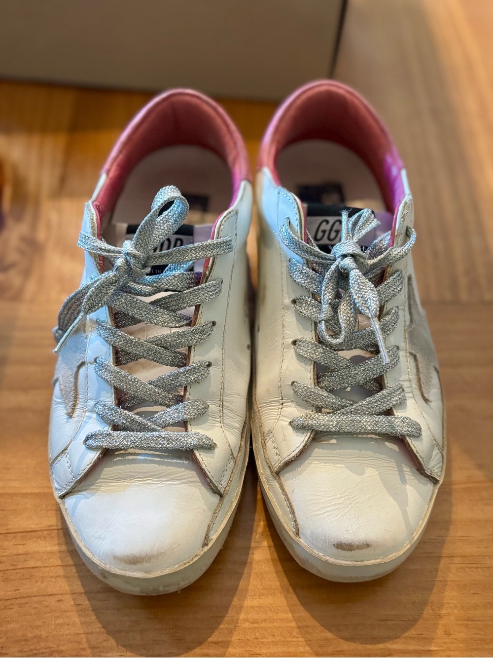 Golden Goose Superstar White Sneakers with Pink Lizard Lining and leather Star - Picture 5 of 10